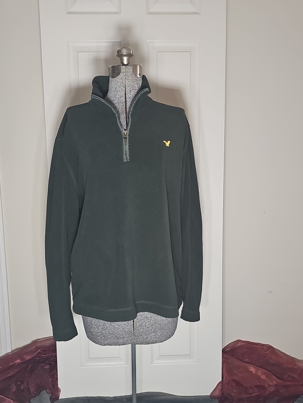 American Eagle Dark Olive Green Fleece Quarter Zip Pullover Yellow Eagle Logo XL